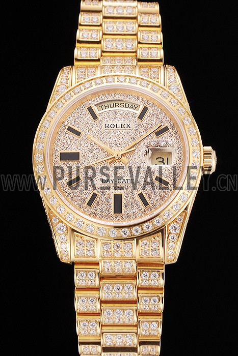 Swiss Rolex Day Date Yellow Gold Full Diamond Pave