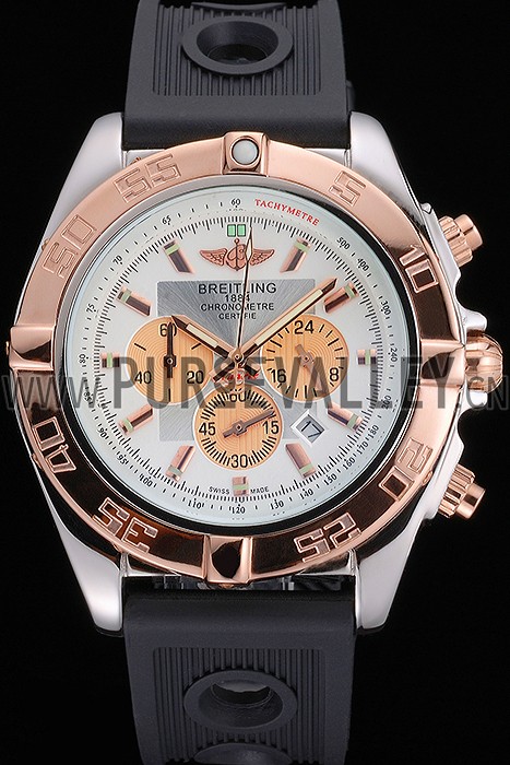 Breitling Chronomat White Dial Rose Gold Bezel And Subdials Stainless Steel Case Black Rubber Strap