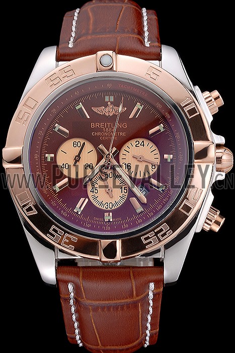 Breitling Chronomat Brown Dial Rose Gold Bezel And Subdials Stainless Steel Case Brown Leather Strap
