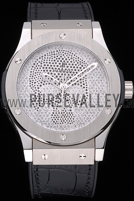 Hublot Classic Fusion Diamond Skull Dial Stainless Steel Case Black Leather Strap 622814