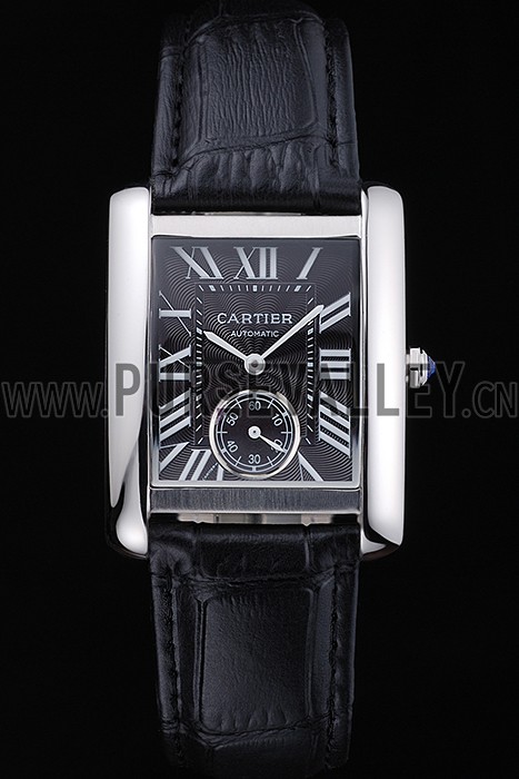 Cartier Tank MC Stainless Steel Case Black Dial Black Leather Strap 622174