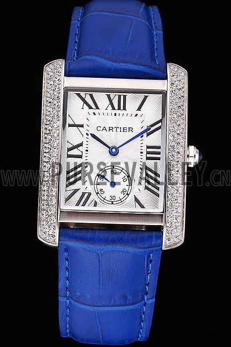 Cartier Tank MC Stainless Steel Diamond Case White Dial Blue Leather Strap 622172
