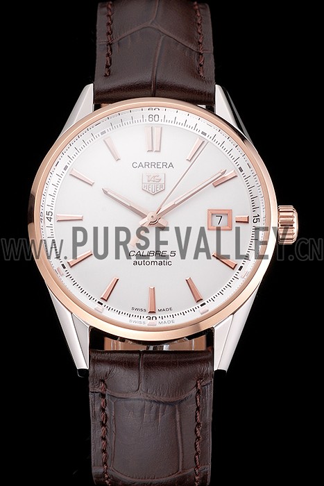 Swiss Tag Heuer Carrera Calibre 5 White Dial Rose Gold Case Brown Leather Strap