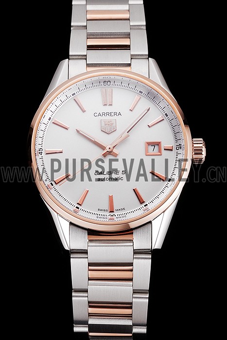 Swiss Tag Heuer Carrera Calibre 5 White Dial Rose Gold Case Two Tone Bracelet
