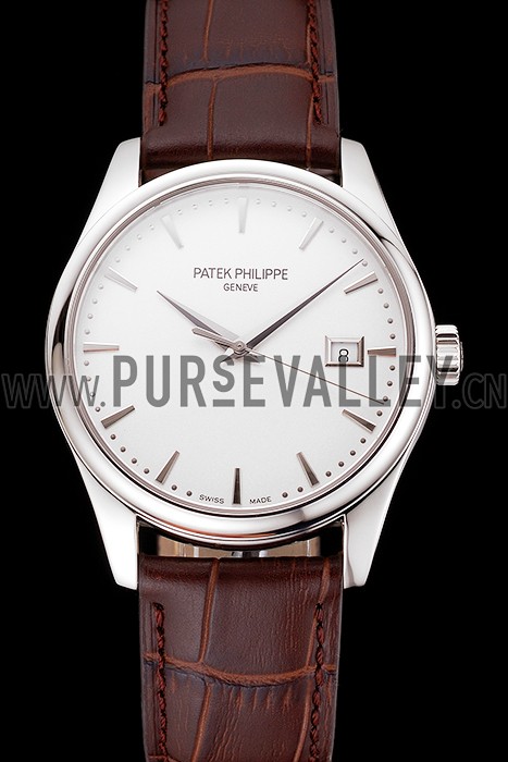 Swiss Patek Philippe Calatrava White Dial Stainless Steel Case Brown Leather Strap