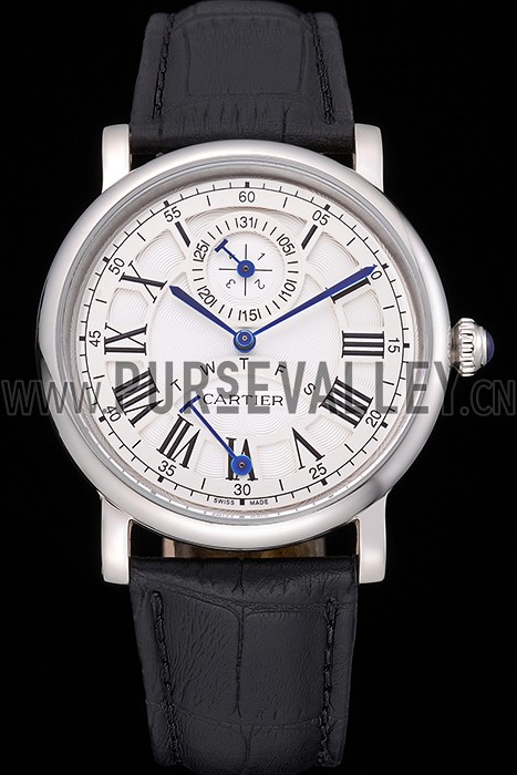 Cartier Rotonde White Dial Stainless Steel Case Black Leather Strap 622757