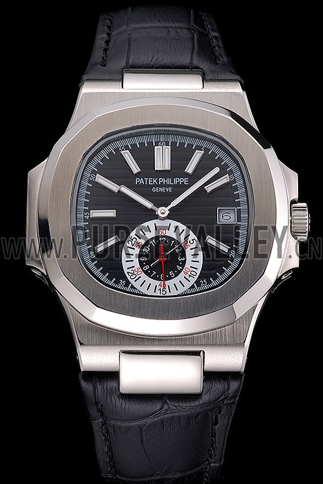 Patek Philippe Nautilus Black Dial Stainless Steel Case Black Leather Strap