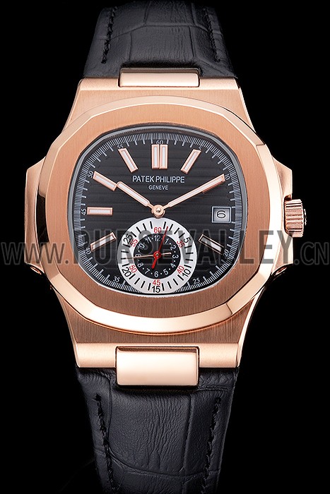 Patek Philippe Nautilus Black Dial Rose Gold Case Black Leather Strap