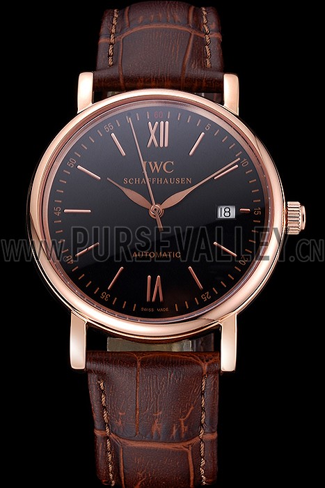 Swiss IWC Portofino Gold Case Black Dial Brown Leather Bracelet 622669