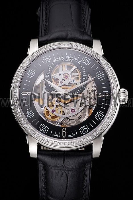 Swiss Patek Philippe Complications Openworked Dial Stainless Steel Case Diamond Bezel Black Leather Strap