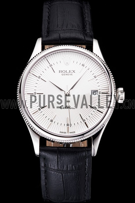 Swiss Rolex Cellini Date White Dial Stainless Steel Case Black Leather Strap