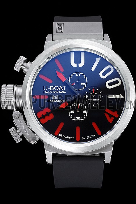 U-Boat 1001 Red On Black Dial Stainless Steel Case Rubber Bracelet 622712