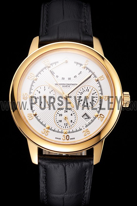 Swiss Vacheron Constantin Traditionnelle Power Reserve White Dial Gold Case Black Leather Strap