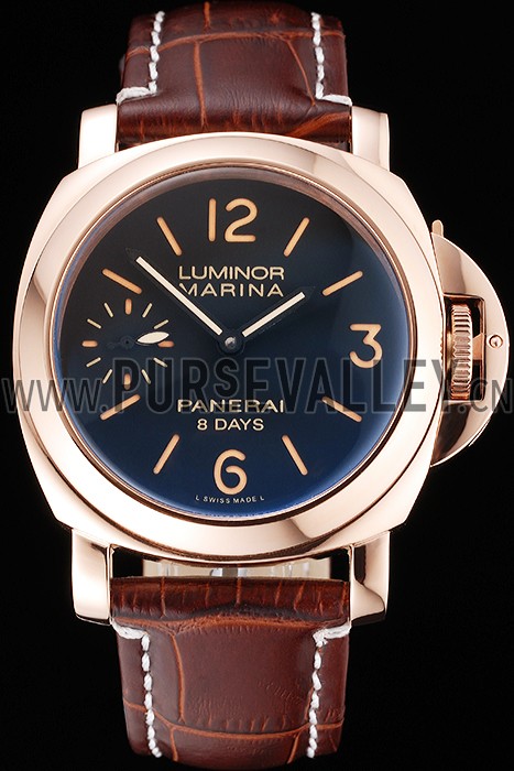 Panerai Luminor Marina 8 Days Black Dial Rose Gold Case Brown Leather Strap