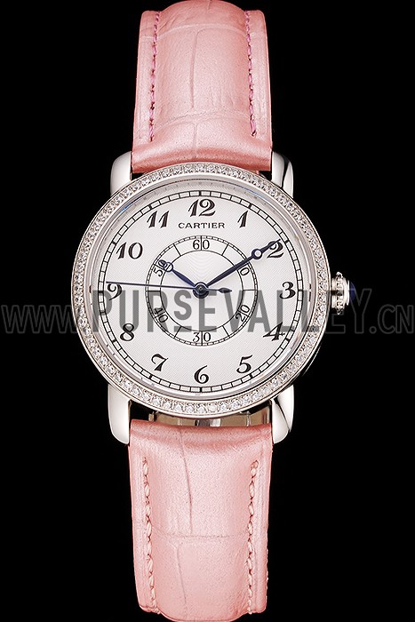 Cartier Ronde White Dial Diamond Bezel Stainless Steel Case Pink Leather Strap