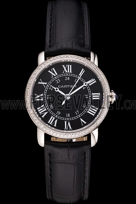 Cartier Ronde Black Dial Diamond Bezel Stainless Steel Case Black Leather Strap