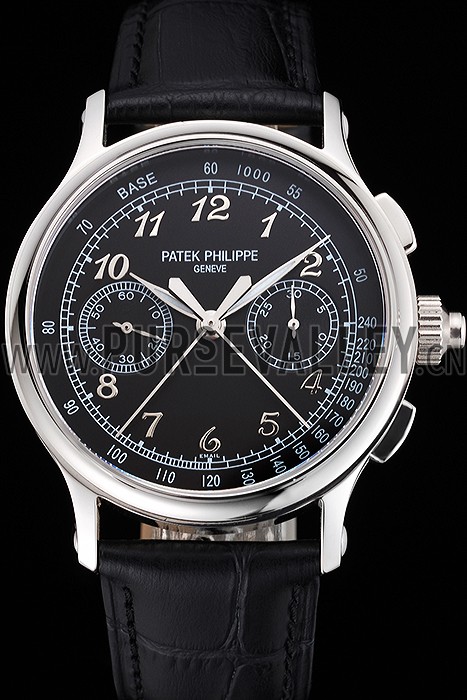 Swiss Patek Philippe Split Seconds Chronograph Black Dial Stainless Steel Case Black Leather Strap