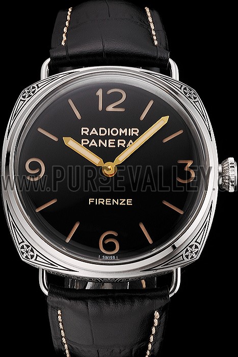 Panerai Radiomir Firenze 3 Days Acciaio PAM604 Black Dial Engraved Stainless Stell Case Black Leather Strap