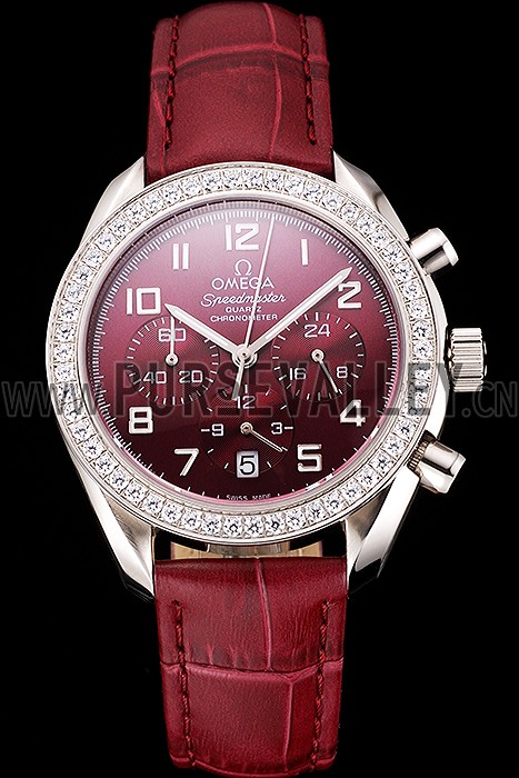 Omega Speedmaster Burgundy Dial Stainless Steel Case Diamond Bezel Burgundy Leather Strap