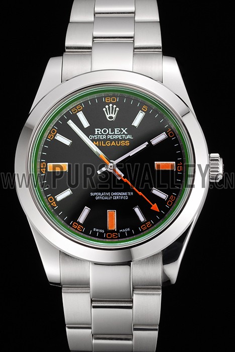 Swiss Rolex Milgauss Black Dial Orange Markings Stainless Steel Case And Bracelet