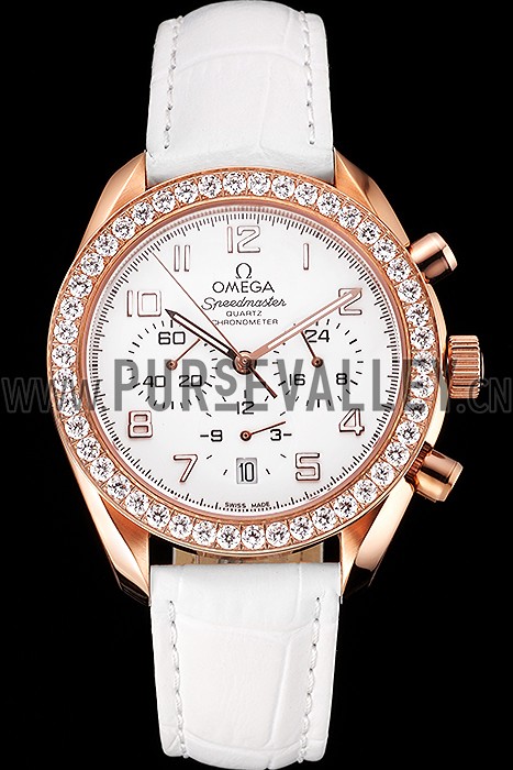 Omega Speedmaster White Dial Rose Gold Case Diamond Bezel White Leather Strap