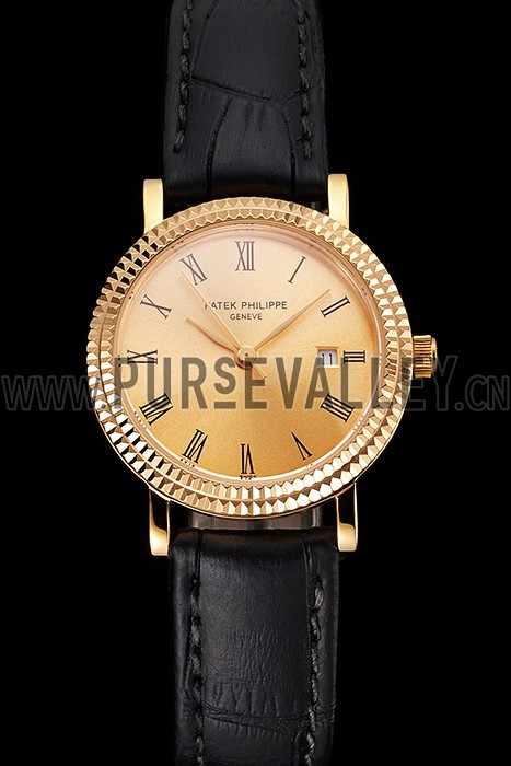 Patek Philippe Calatrava Gold Dial Roman Numerals Double Ribbed Bezel Gold Case Black Leather Strap