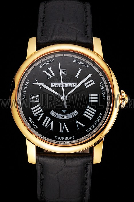 Swiss Cartier Rotonde Annual Calendar Black Dial Gold Case Black Leather Strap