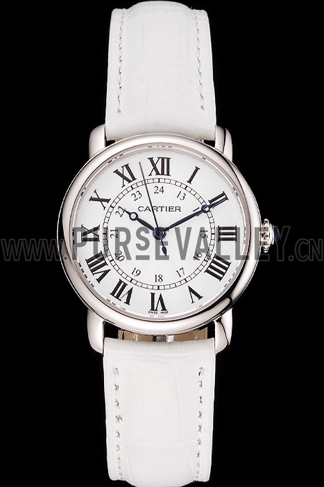 Cartier Ronde White Dial Stainless Steel Case White Leather Strap