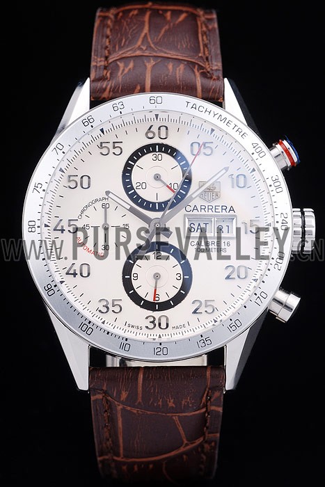 Tag Heuer Swiss Carrera Tachymeter Bezel Dark Brown Leather Strap White Dial