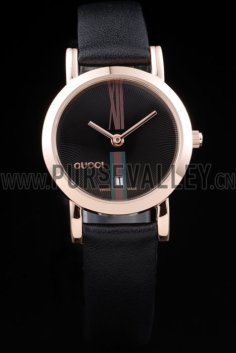 Gucci Polished Rose Gold Bezel Black Dial Black Leather Strap