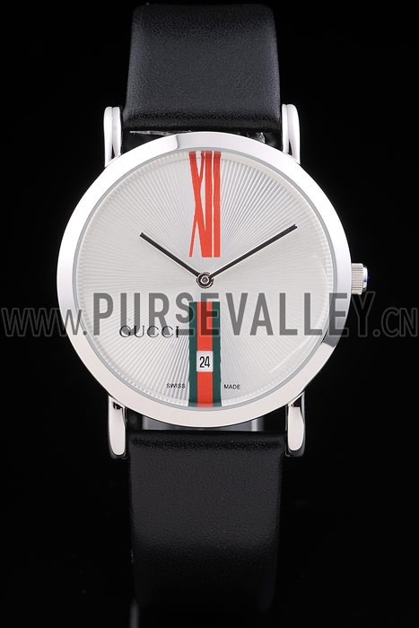 Gucci Large Polished Stainless Steel Bezel White Dial Black Leather Strap