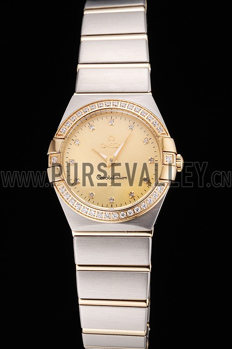 Swiss Lady Omega Constellation Crystal Encrusted Bezel Golden Dial 80293