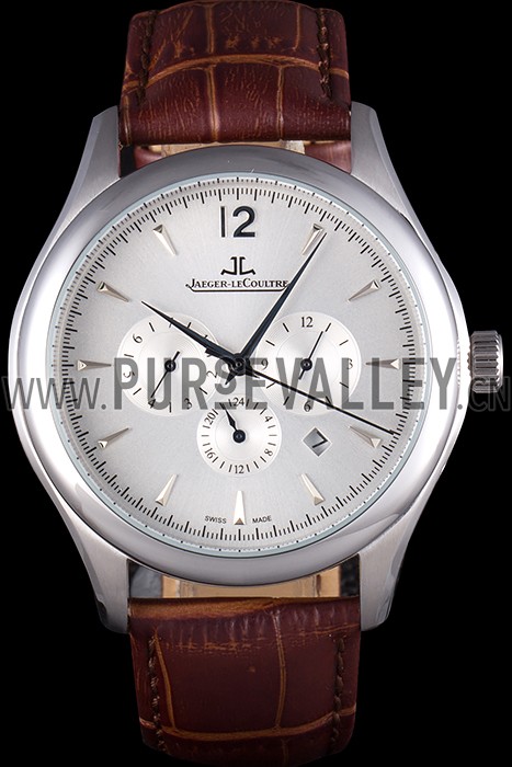 Jaeger Lecoultre Master Chronograph Silver Bezel Brown Leather Band 621612