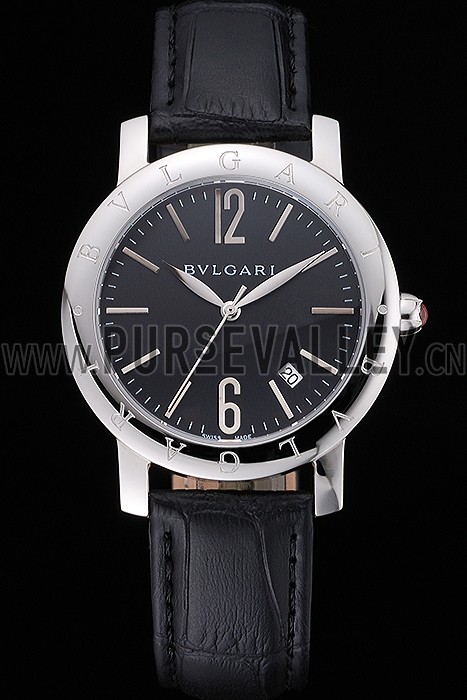 Bvlgari Black Dial Stainless Steel Case Black Leather Bracelet 622431