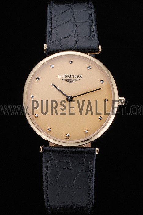 Longines La Grande Classique Champagne Dial Black Leather Band Diamond Markers Homme 622121