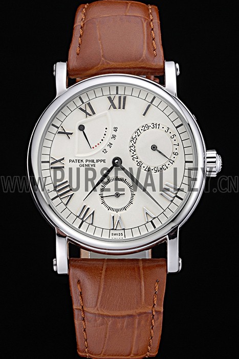 Patek Philippe Geneve Complications White Dial Stainless Steel Brown Leather Band 622142