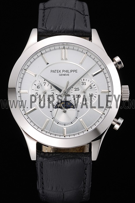 Patek Philippe Moonphase Chronograph White Dial Stainless Steel Case Black Leather Strap 622841