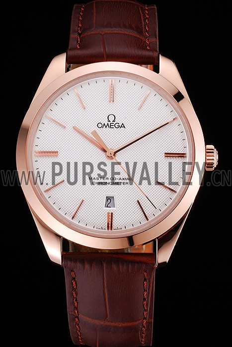 Swiss Omega DeVille Tresor White Dial Gold Case Brown Leather Strap 622846