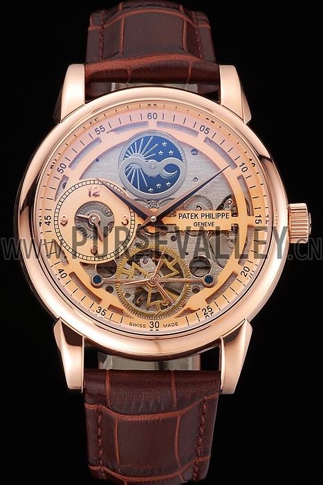 Patek Philippe Dual Time Moonphase Tourbillon Gold Skeletonised Dial Rose Gold Case Brown Leather Strap