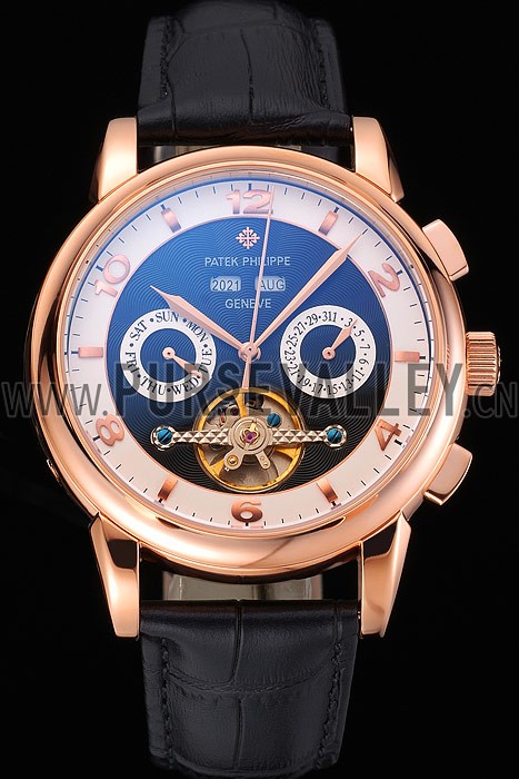 Patek Philippe Perpetual Calendar Tourbillon Black And White Dial Rose Gold Case Black Leather Strap