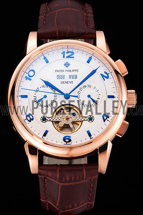 Patek Philippe Perpetual Calendar Tourbillon White Dial Rose Gold Case Brown Leather Strap
