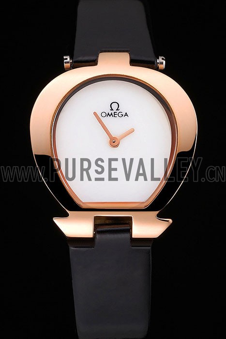 Omega Ladies Watch White Dial Gold Case Black Leather Strap 622820