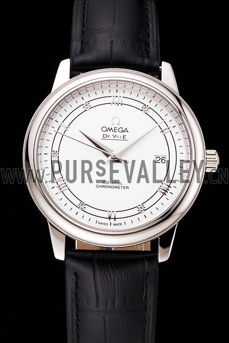 Omega De Ville Prestige White Dial Stainless Steel Case Black Leather Strap