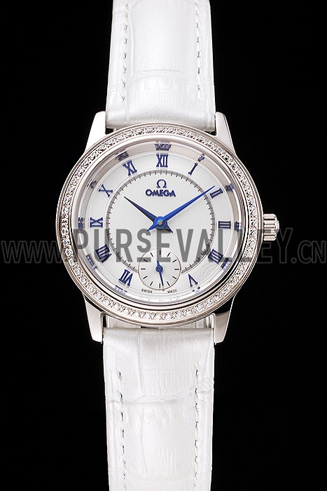 Omega De Ville Prestige Small Seconds White Dial Diamond Bezel Stainless Steel Case White Leather Strap
