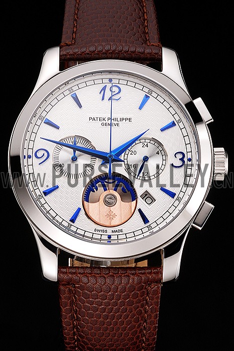 Patek Philippe Chronograph White Guilloche Dial Blue Hands Stainless Steel Case Brown Leather Strap