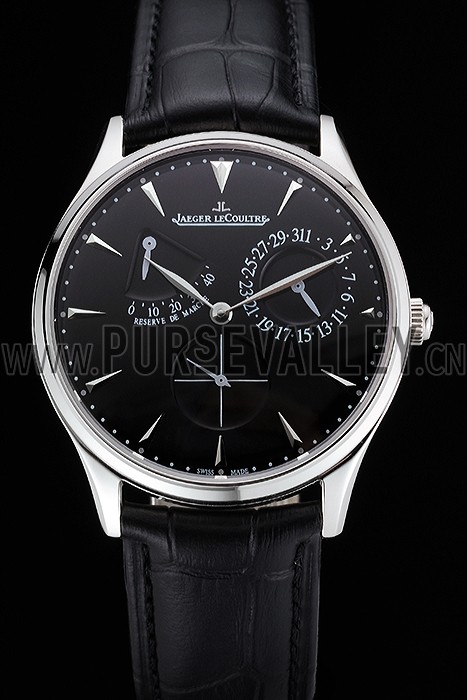 Swiss Jaeger LeCoultre Master Ultra Thin Reserve De Marche Black Dial Stainless Steel Case Black Leather Strap