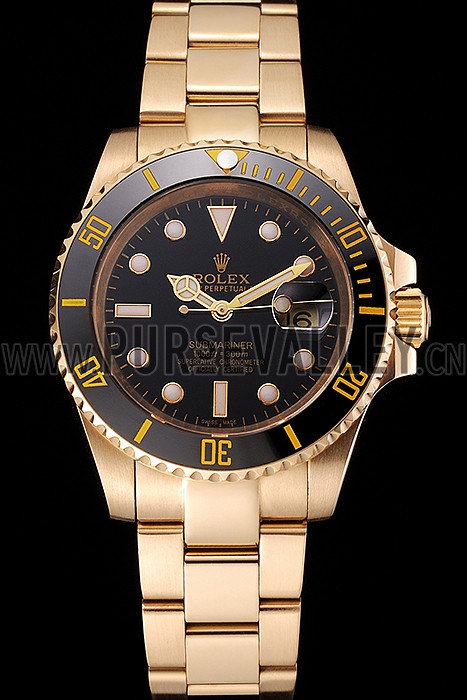 Swiss Rolex Submariner Black Dial Black Bezel Yellow Gold Case And Bracelet