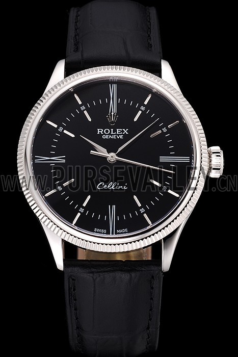 Swiss Rolex Cellini Time Silver Case Black Dial Black Leather Bracelet 622654
