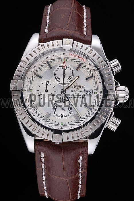 Breitling Chronomat 13 Stainless Steel Case White Dial Brown Leather Bracelet 622239