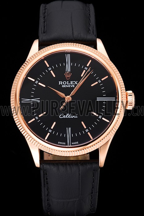 Swiss Rolex Cellini Time Rose Gold Case Black Dial Black Leather Bracelet 622656